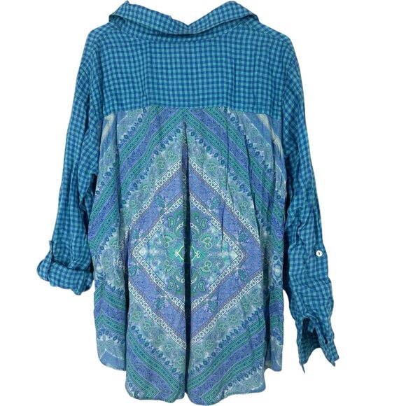 Multiples Blue Plaid Embroidered Tunic Mixed Fabric Top Boho Peasant Blouse OX - Picture 3 of 9